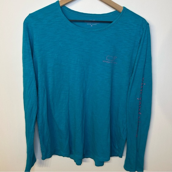 Vineyard Vines Long-Sleeve Slub Vintage Whale Tee in Turquoise Blue, Pink, Sz M - Picture 1 of 7